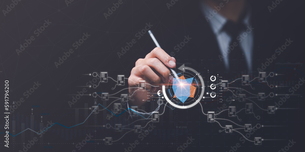 Poster businessman reading graph report and business statistics charts ,analysis and improvement of corpora