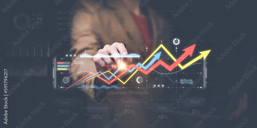 Poster Businessman reading graph report and business statistics charts ,Analysis and improvement of corporate strategy ,Statistics and Data Concepts ,update annual budget accounts ,business growth graph