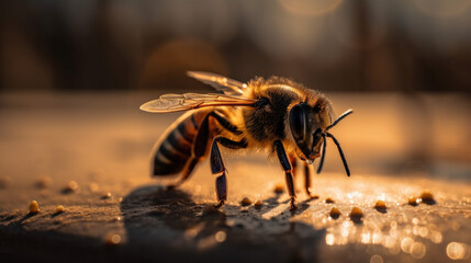 queen bee lost far from her hive, extreme closeup insect in golden hour, AI 