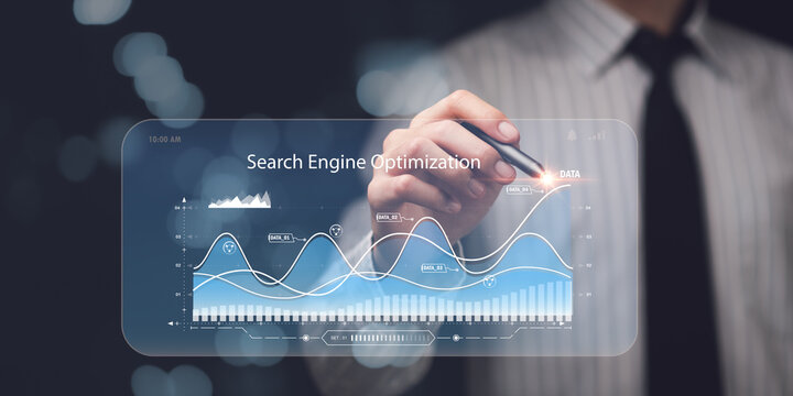 entrepreneur showing SEO concept ,optimization analysis tools , search engine rankings ,social media sites based on results analysis data ,Website Search Optimization ,nteresting web rankings