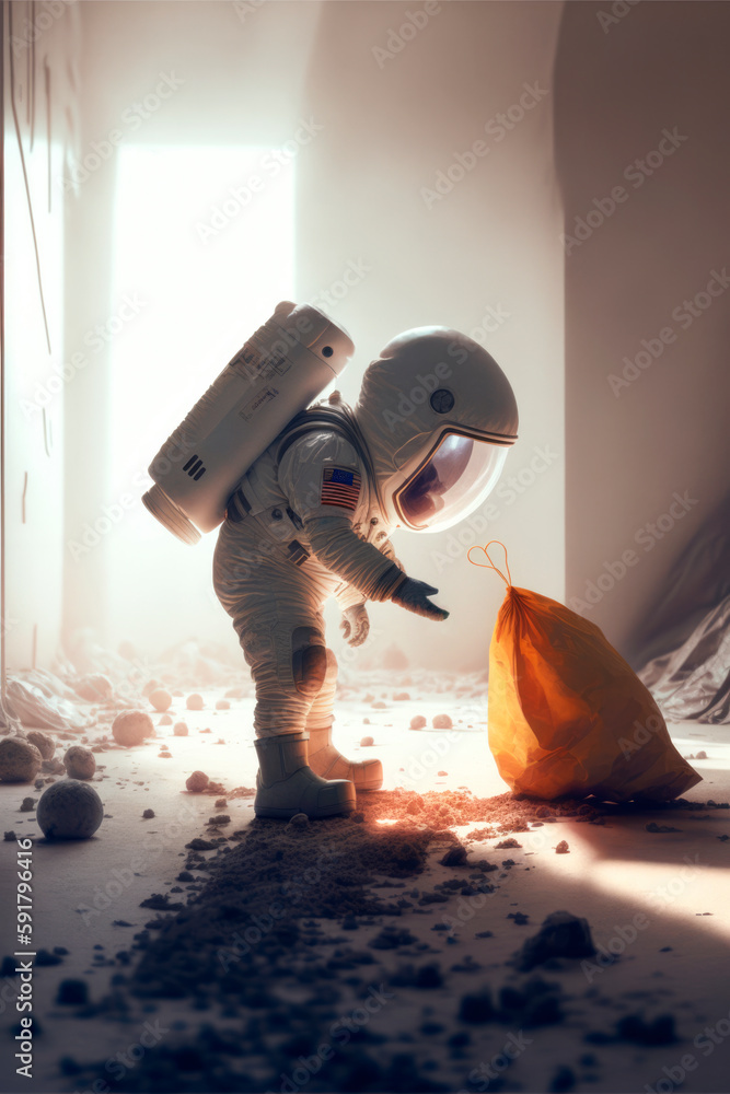 Wall mural a boy in an astronaut suit about to pick up a garbage bag - generative ai