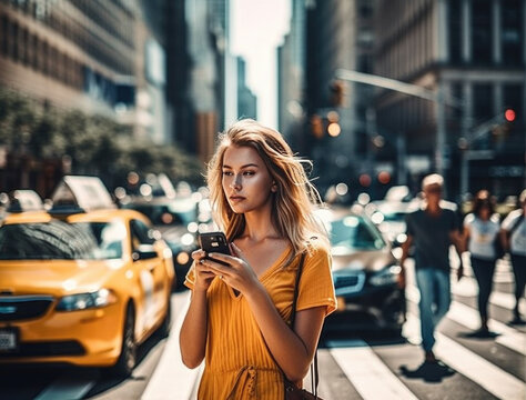 Young beautiful woman holding a smart phone in her hand, generative ai