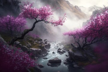 beautiful sakura trees against the backdrop of mountains in the fog