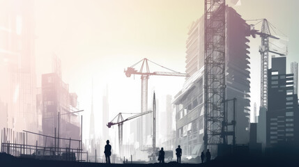 Silhouettes of construction workers against a background of cranes and buildings under construction. Illustration. Generative AI