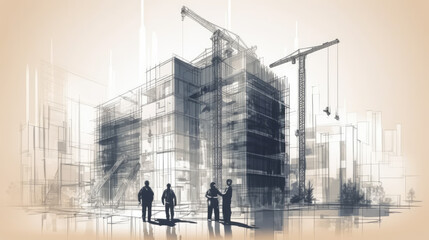 Fototapeta na wymiar Silhouettes of construction workers against a background of cranes and buildings under construction. Illustration. Generative AI
