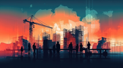 Silhouettes of construction workers against a background of cranes and buildings under construction. Illustration. Generative AI