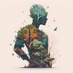 abstract background with human body, trees, flowers and leaves
Created using generative AI
