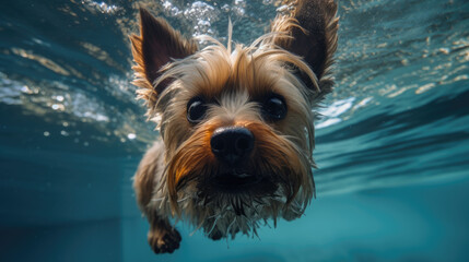 Yorkshire terrier dog under water. Generative AI