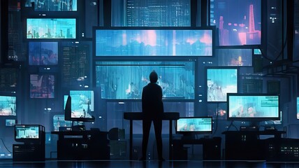 A businessman trading with many monitor and neon light, Generative AI