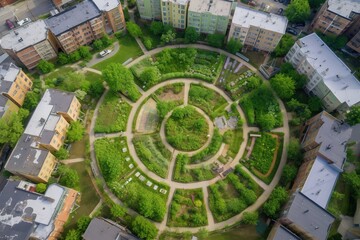 aerial view of a well designed urban park, urban gardening city planning concept