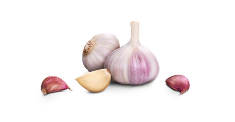 A whole fresh garlic head and clove segments isolated against a transparent background.
