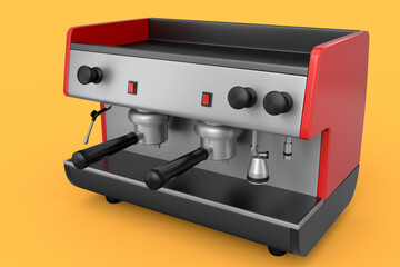 Professional espresso coffee machine with horn for two cups isolated on yellow