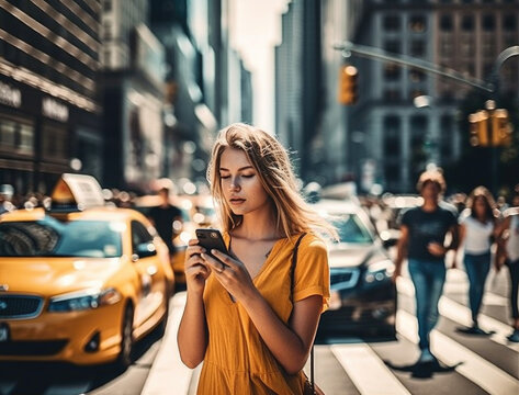 Young beautiful woman holding a smart phone in her hand, generative ai