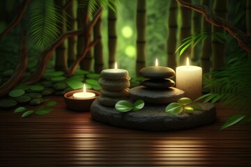 Obraz na płótnie Canvas spa and wellness concept. stack of massage stones and towels with green plant on white wooden table. Generative AI