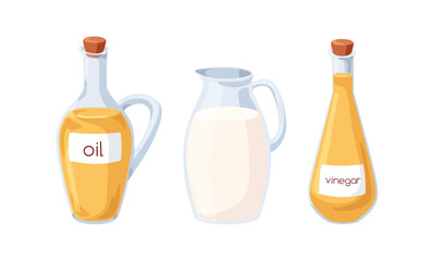 Oil, milk, vinegar in glass jugs set. Liquid cooking ingredients in transparent bottles, pitchers. Culinary baking essences in storage vessels. Flat vector illustrations isolated on white background
