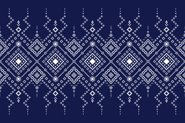 Fototapeta premium Indigo navy blue geometric traditional ethnic pattern Ikat seamless pattern border abstract design for fabric print cloth dress carpet curtains and sarong Aztec African Indian Indonesian 