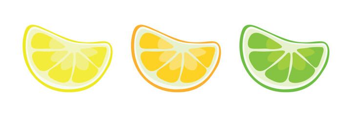 Pieces of citrus fruits. Set of citrus fruits. Lemon, orange and lime slice icon. Vector illustration of lemon, orange, lime slices