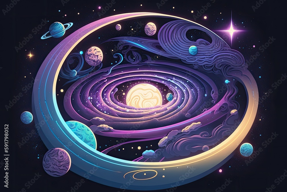 Poster colorful space scene with multiple planets and shining stars. generative ai