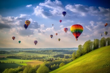 Fototapeta premium Vibrant Hot Air Balloons and a Serene Landscape: A Himmelfahrt Celebration in the Countryside