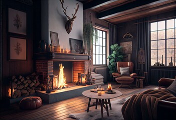 living room with fireplace in rustic style. Generative AI