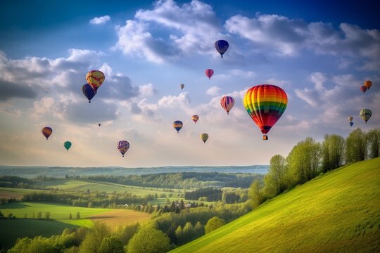 Vibrant Hot Air Balloons and a Serene Landscape: A Himmelfahrt Celebration in the Countryside