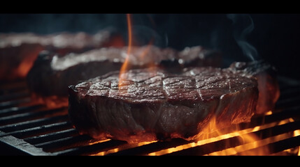 Tasty beef steaks and skewers flying above cast iron grate with fire flames. Generative AI
