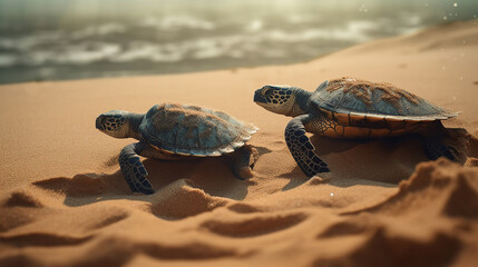 Obraz premium turtle running on the beach to the sea. Generative AI