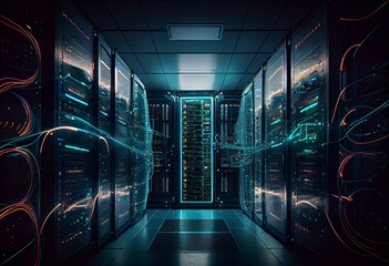 Obraz na płótnie Canvas Data center or server room with servers of information cloud storage. Server racks in a computer security network server room. Generative AI technology