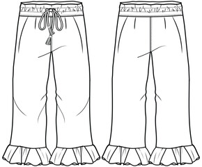 girls drawstring waist ruffle hem flare pants flat sketch vector illustration technical cad drawing template
