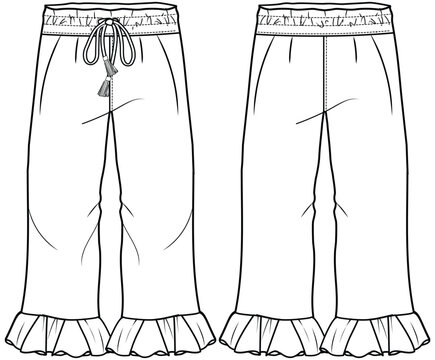 girls drawstring waist ruffle hem flare pants flat sketch vector illustration technical cad drawing template