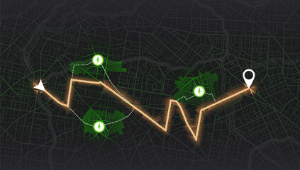 Location tracks dashboard. Path turns and destination tag or mark. Huge city top view. Tracking path and route planning from home to office. Determining location on the plan of abstract city.