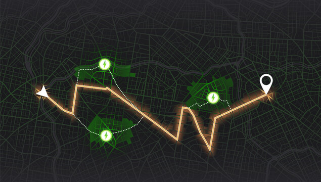 Location tracks dashboard. Path turns and destination tag or mark. Huge city top view. Tracking path and route planning from home to office. Determining location on the plan of abstract city.