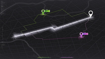 Map mobile app planning travel. Isometric map. City map route, location symbols and navigational system mark. Vector, illustration isolated on white background.