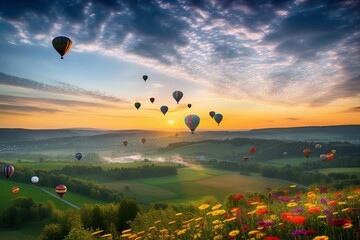 A Serene and Uplifting Himmelfahrt Scene with Hot Air Balloons and Rolling Hills