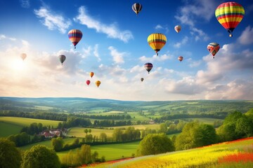 Naklejka premium A Majestic Landscape: Rolling Hills and Greenery with Vibrant Hot Air Balloons for Himmelfahrt