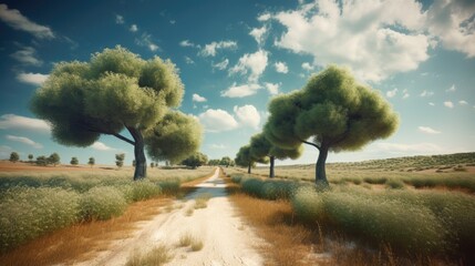 dirt road in Provence, a tree-lined driveway, small country lane in French Riviera, sunny landscape, AI  - obrazy, fototapety, plakaty