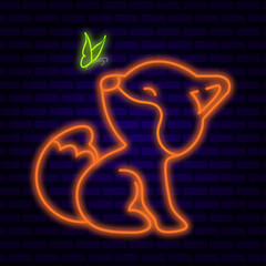neon fox with butterfly on dark brick background