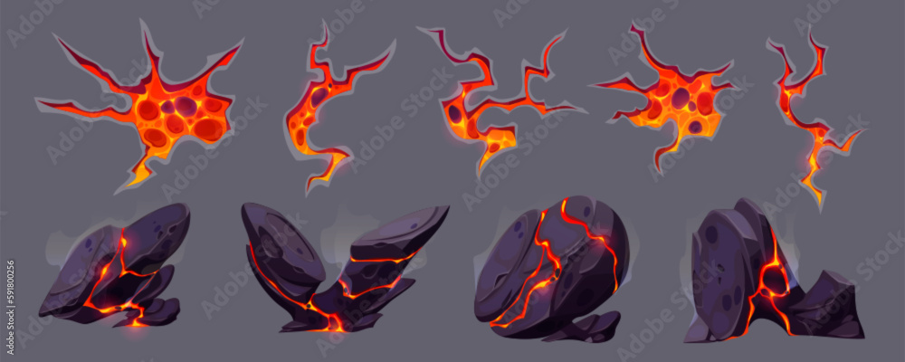 Sticker volcano ground texture with lava in cracks and broken stones. volcanic rocks with light effect in fi
