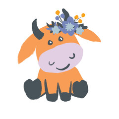 Hand drawn illustration with cute orange blue cows. Funny farm animals with floral flowers, kids children nursery decor, nature farmhouse cottagecore beef bull milk cattle, domestic farm.