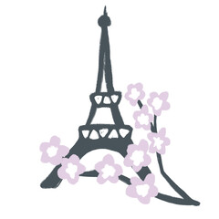 Hand drawn illustration with eiffel tower cherry blossom flowers on blue background. Paris french france parisian city fabric print, spring springtime flower floral design, tourist attraction vacation - obrazy, fototapety, plakaty