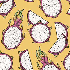 Exotic dragon fruit seamless pattern. Vector eco fruit or organic nature ingredient for food market.