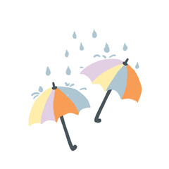 Hand drawn  with orange yellow umbrellas on white background. Rain raindrops fall weather rain, april showers design, funny cartoon seasonal print, spring elements, fabric fashion print.