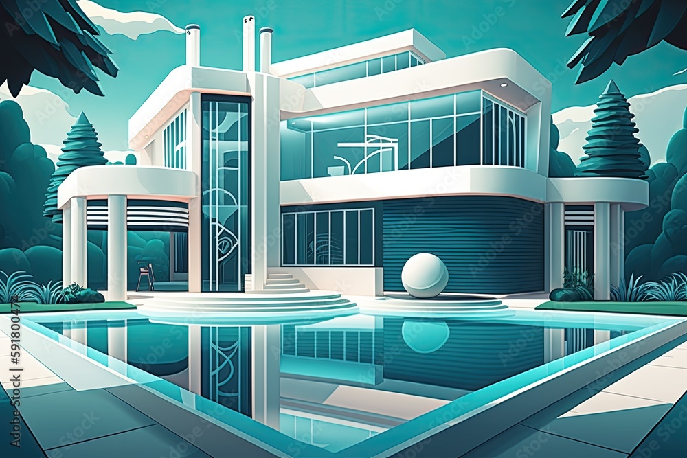 Poster modern building with a luxurious swimming pool in the foreground. generative ai