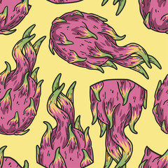 Exotic dragon fruit seamless pattern. Vector eco fruit or organic nature ingredient for food market.
