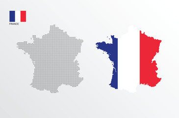 Set of political maps of France with regions isolated and flag on white background
