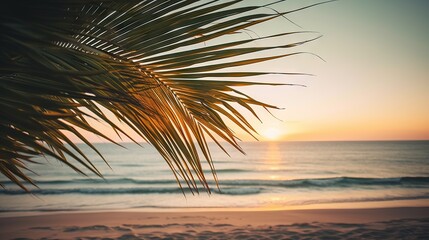 Fototapeta na wymiar Tropical summer seascape with palm leaves, beach and paradise ocean on sunset. Generative AI