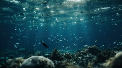 Fototapeta na wymiar Plastic pollution in ocean environmental problem. Plastic bags and bottles pollute sea. Underwater trash. Generative AI