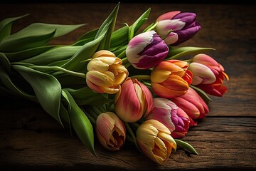 vibrant tulip bouquet on a rustic wooden table. Generative AI