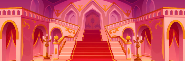 Royal palace hall interior. Medieval castle room with staircase, carpet, arches and gold chandeliers. Old luxury building interior with stairs and doors, vector cartoon illustration © klyaksun