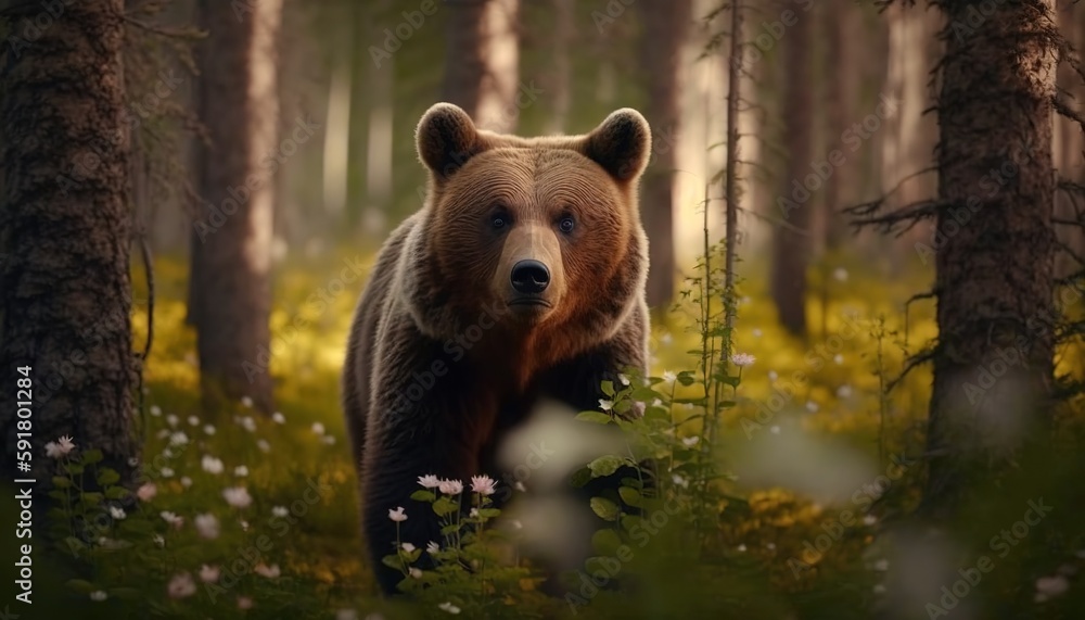 Poster bears of the brown kind are seen in close proximity to one another in the woods. nature and its faun